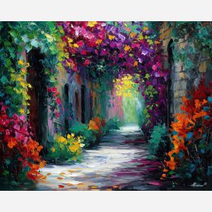 flowering vines,overgrown path,oil painting,afremov style