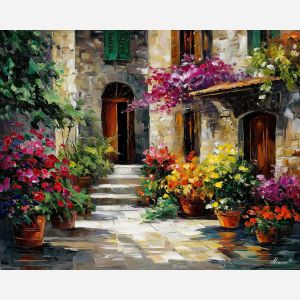 flowers and stone,garden terrace,oil painting,afremov style