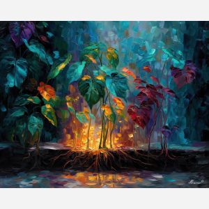 fantasy garden,glowing roots,oil painting,afremov style