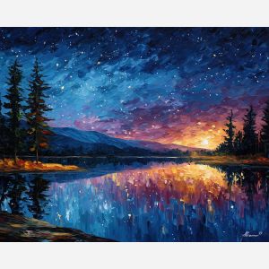 night lake,star reflections,oil painting,afremov style