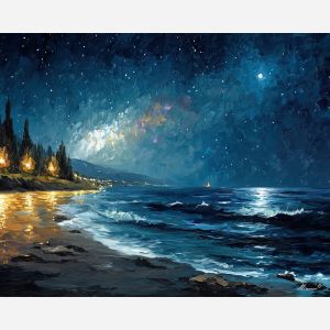 night shore,starlight water,oil painting,afremov style