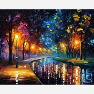 lantern path,night walk,oil painting,afremov style