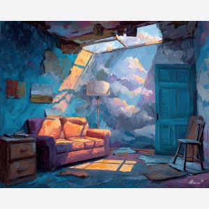 warped, room, palette knife, oil painting, impasto, textured paint, layered pigment, scraped surface, thick strokes, expressive texture, hand painted, fine art, material depth, visual rhythm, atmospheric, color control, painterly surface