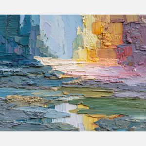 layered, focus, palette knife, oil painting, impasto, textured paint, layered pigment, scraped surface, thick strokes, expressive texture, hand painted, fine art, material depth, visual rhythm, atmospheric, color control, painterly surface