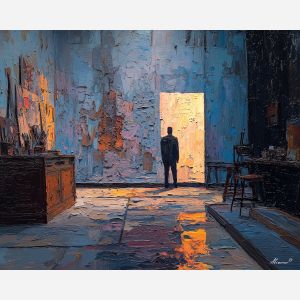 awkward, figure, room, palette knife, oil painting, impasto, textured paint, layered pigment, scraped surface, thick strokes, expressive texture, hand painted, fine art, material depth, visual rhythm, atmospheric, color control, painterly surface