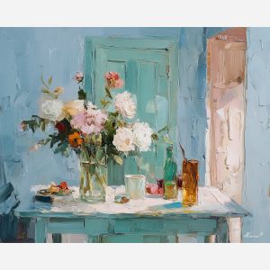 unfolding, gentle, palette knife, oil painting, impasto, thick paint, layered pigment, scraped texture, hand painted, fine art, expressive surface, material depth, painterly, atmospheric, visual rhythm, textured painting, studio art