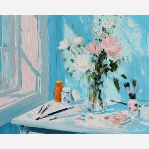 open, blooming, palette knife, oil painting, impasto, thick paint, layered pigment, scraped texture, hand painted, fine art, expressive surface, material depth, painterly, atmospheric, visual rhythm, textured painting, studio art