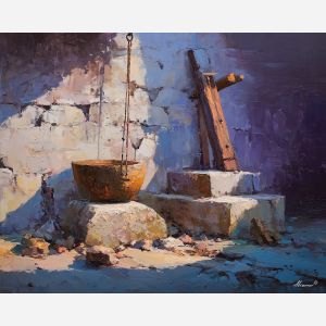 still, line, palette knife, oil painting, impasto, textured paint, layered pigment, scraped surface, thick strokes, expressive texture, hand painted, fine art, material depth, visual rhythm, atmospheric, color control, painterly surface