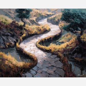 scaled, path, palette knife, oil painting, impasto, textured paint, layered pigment, scraped surface, thick strokes, expressive texture, hand painted, fine art, material depth, visual rhythm, atmospheric, color control, painterly surface