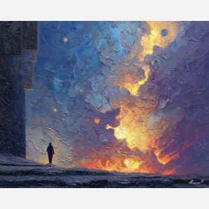 foreign, figure, arrival, palette knife, oil painting, impasto, textured paint, layered pigment, scraped surface, thick strokes, expressive texture, hand painted, fine art, material depth, visual rhythm, atmospheric, color control, painterly surface