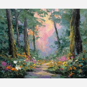 soft, path, glow, palette knife, oil painting, impasto, textured paint, layered pigment, scraped surface, thick strokes, expressive texture, hand painted, fine art, material depth, visual rhythm, atmospheric, color control, painterly surface