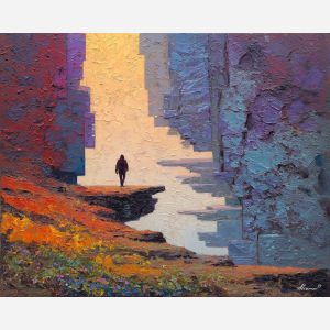 foreign, figure, palette knife, oil painting, impasto, textured paint, layered pigment, scraped surface, thick strokes, expressive texture, hand painted, fine art, material depth, visual rhythm, atmospheric, color control, painterly surface