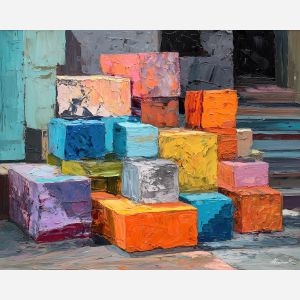 stacked, block, oversized abstract, bold forms, palette knife, oil painting, impasto, thick paint, layered pigment, textured surface, large scale art, expressive abstraction, heavy texture, dynamic composition, painterly surface, material depth, contemporary abstract