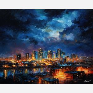 cloudy night city,soft glow,oil painting,afremov style