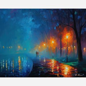 foggy night,path lanterns,oil painting