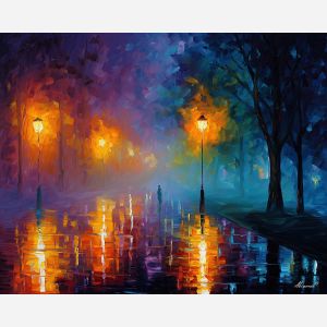 foggy night,streetlight glow,oil painting,afremov style