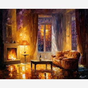 cozy interior,warm light,honey tones,oil painting,afremov style