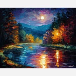 moonlit river,night landscape,oil painting