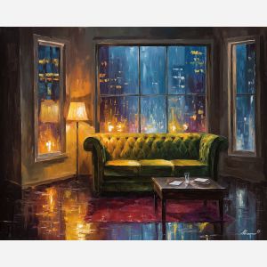 rainy evening,cozy interior,oil painting