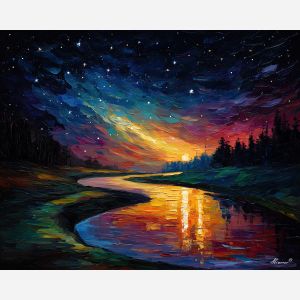night river,stars reflection,oil painting
