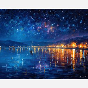 night lake,star reflections,calm water,oil painting
