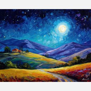 night hills,starry sky,oil painting,afremov style
