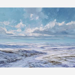 cold, distance, greenland landscape, arctic scenery, polar environment, ice formations, glacier view, palette knife, oil painting, impasto, thick paint, textured surface, cold atmosphere, northern light, remote wilderness, painterly landscape, material depth