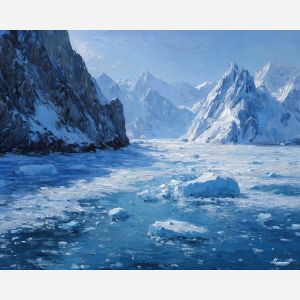 cold, still, valley, greenland landscape, arctic scenery, polar environment, ice formations, glacier view, palette knife, oil painting, impasto, thick paint, textured surface, cold atmosphere, northern light, remote wilderness, painterly landscape, material depth
