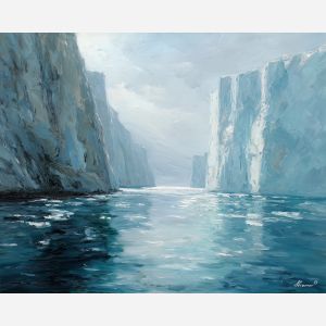 endless, land, greenland landscape, arctic scenery, polar environment, ice formations, glacier view, palette knife, oil painting, impasto, thick paint, textured surface, cold atmosphere, northern light, remote wilderness, painterly landscape, material depth