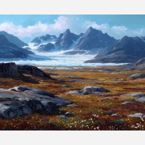 lonely, expanse, greenland landscape, arctic scenery, polar environment, ice formations, glacier view, palette knife, oil painting, impasto, thick paint, textured surface, cold atmosphere, northern light, remote wilderness, painterly landscape, material depth