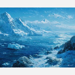 open, valley, greenland landscape, arctic scenery, polar environment, ice formations, glacier view, palette knife, oil painting, impasto, thick paint, textured surface, cold atmosphere, northern light, remote wilderness, painterly landscape, material depth