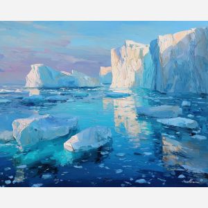 pale, cliffs, greenland landscape, arctic scenery, polar environment, ice formations, glacier view, palette knife, oil painting, impasto, thick paint, textured surface, cold atmosphere, northern light, remote wilderness, painterly landscape, material depth