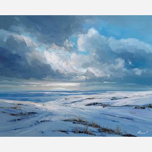 quiet, horizon, greenland landscape, arctic scenery, polar environment, ice formations, glacier view, palette knife, oil painting, impasto, thick paint, textured surface, cold atmosphere, northern light, remote wilderness, painterly landscape, material depth