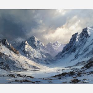 remote, distance, greenland landscape, arctic scenery, polar environment, ice formations, glacier view, palette knife, oil painting, impasto, thick paint, textured surface, cold atmosphere, northern light, remote wilderness, painterly landscape, material depth