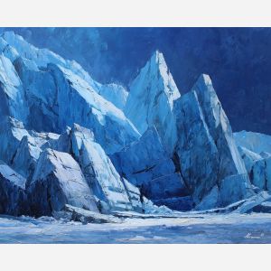 silent, land, greenland landscape, arctic scenery, polar environment, ice formations, glacier view, palette knife, oil painting, impasto, thick paint, textured surface, cold atmosphere, northern light, remote wilderness, painterly landscape, material depth