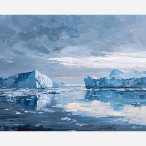 silent, windworn, horizon, greenland landscape, arctic scenery, polar environment, ice formations, glacier view, palette knife, oil painting, impasto, thick paint, textured surface, cold atmosphere, northern light, remote wilderness, painterly landscape, material depth