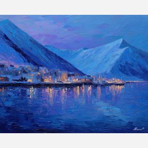 arctic, reindeer, greenland town, colorful houses, arctic village, greenland animals, sled dogs, coastal settlement, palette knife, oil painting, impasto, thick paint, textured surface, northern life, remote community, arctic color