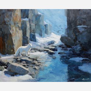 arctic, road, greenland town, colorful houses, arctic village, greenland animals, sled dogs, reindeer, coastal settlement, palette knife, oil painting, impasto, thick paint, textured surface, northern life, remote community, arctic color