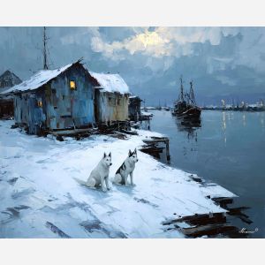 hidden, silent, harbor, greenland town, colorful houses, arctic village, greenland animals, sled dogs, reindeer, coastal settlement, palette knife, oil painting, impasto, thick paint, textured surface, northern life, remote community, arctic color
