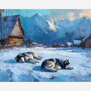 hillside, hills, greenland town, colorful houses, arctic village, greenland animals, sled dogs, reindeer, coastal settlement, palette knife, oil painting, impasto, thick paint, textured surface, northern life, remote community, arctic color