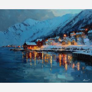 hillside, northern, reindeer, greenland town, colorful houses, arctic village, greenland animals, sled dogs, coastal settlement, palette knife, oil painting, impasto, thick paint, textured surface, northern life, remote community, arctic color