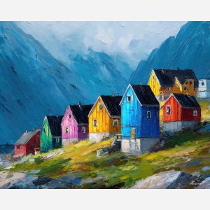 living, homes, greenland town, colorful houses, arctic village, greenland animals, sled dogs, reindeer, coastal settlement, palette knife, oil painting, impasto, thick paint, textured surface, northern life, remote community, arctic color