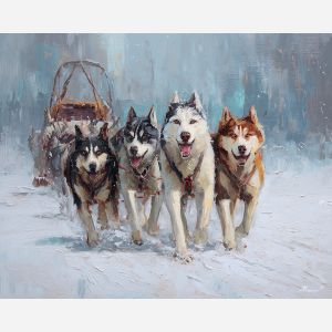 low, dogs, greenland town, colorful houses, arctic village, greenland animals, sled dogs, reindeer, coastal settlement, palette knife, oil painting, impasto, thick paint, textured surface, northern life, remote community, arctic color