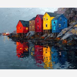 northern, bay, greenland town, colorful houses, arctic village, greenland animals, sled dogs, reindeer, coastal settlement, palette knife, oil painting, impasto, thick paint, textured surface, northern life, remote community, arctic color
