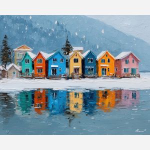quiet, community, greenland town, colorful houses, arctic village, greenland animals, sled dogs, reindeer, coastal settlement, palette knife, oil painting, impasto, thick paint, textured surface, northern life, remote community, arctic color