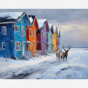 quiet, living, reindeer, greenland town, colorful houses, arctic village, greenland animals, sled dogs, coastal settlement, palette knife, oil painting, impasto, thick paint, textured surface, northern life, remote community, arctic color
