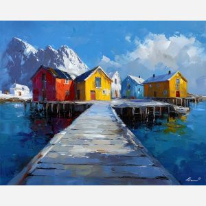 remote, coast, greenland town, colorful houses, arctic village, greenland animals, sled dogs, reindeer, coastal settlement, palette knife, oil painting, impasto, thick paint, textured surface, northern life, remote community, arctic color