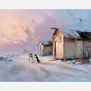 remote, low, bay, greenland town, colorful houses, arctic village, greenland animals, sled dogs, reindeer, coastal settlement, palette knife, oil painting, impasto, thick paint, textured surface, northern life, remote community, arctic color