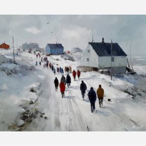 greenland, early, path, greenland daily life, kalaallit nunaat, arctic community, greenland village, sled dogs, fishing life, coastal settlement, palette knife, oil painting, impasto, thick paint, textured surface, northern life, remote living, arctic culture