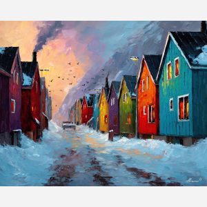 greenland, evening, local, life, greenland daily life, kalaallit nunaat, arctic community, greenland village, sled dogs, fishing life, coastal settlement, palette knife, oil painting, impasto, thick paint, textured surface, northern life, remote living, arctic culture